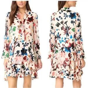 Alice + Olivia Moore Velvet Floral Print Tiered Mini Dress Cream/Blue XS